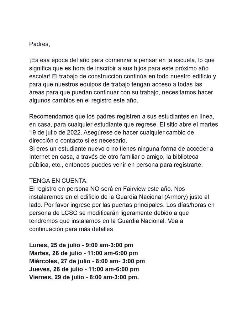 Registration Information Spanish