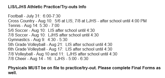 Practice/Try-Out Schedule